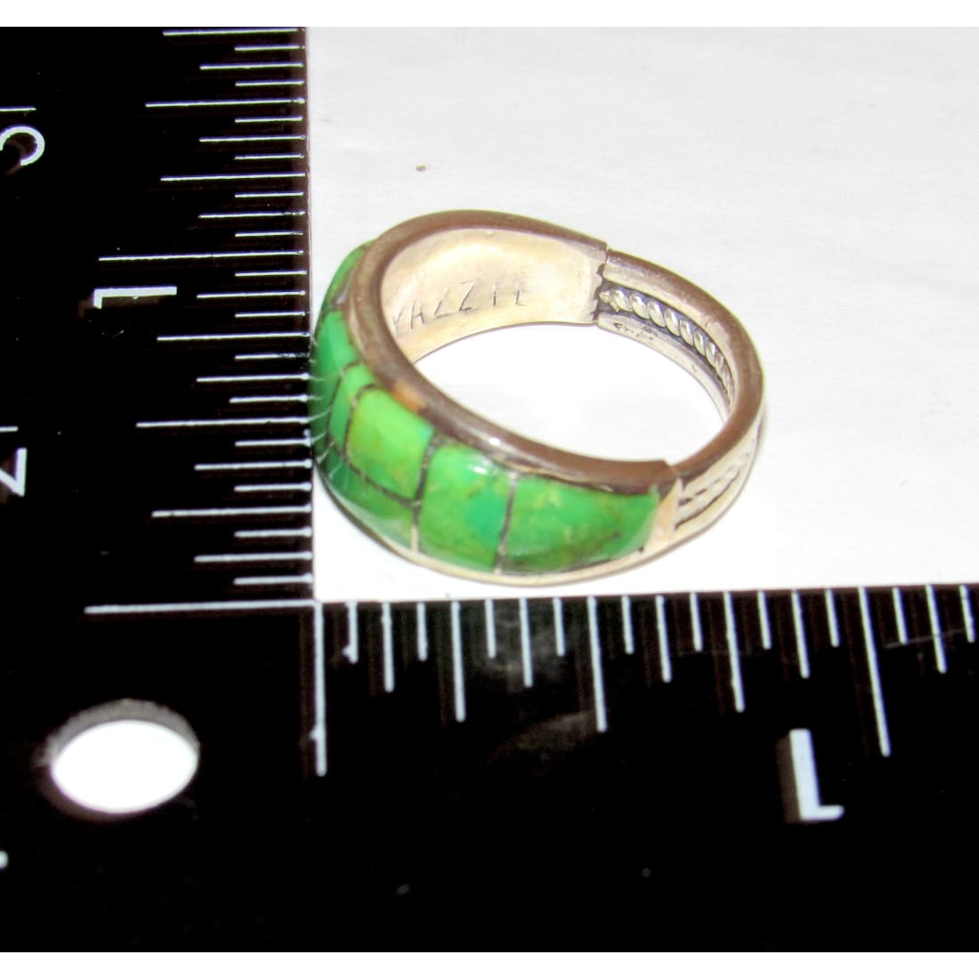 Navajo Green Gaspeite Cobble Inlay Ring Sz 7 Sterling Silver E Yazzie