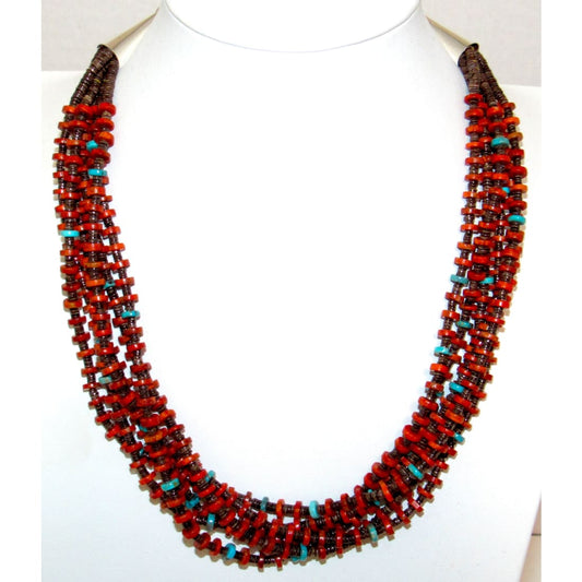 Santo Domingo Rolled Pen Shell, Coral & Turquoise Heishi Necklace O. Crespin