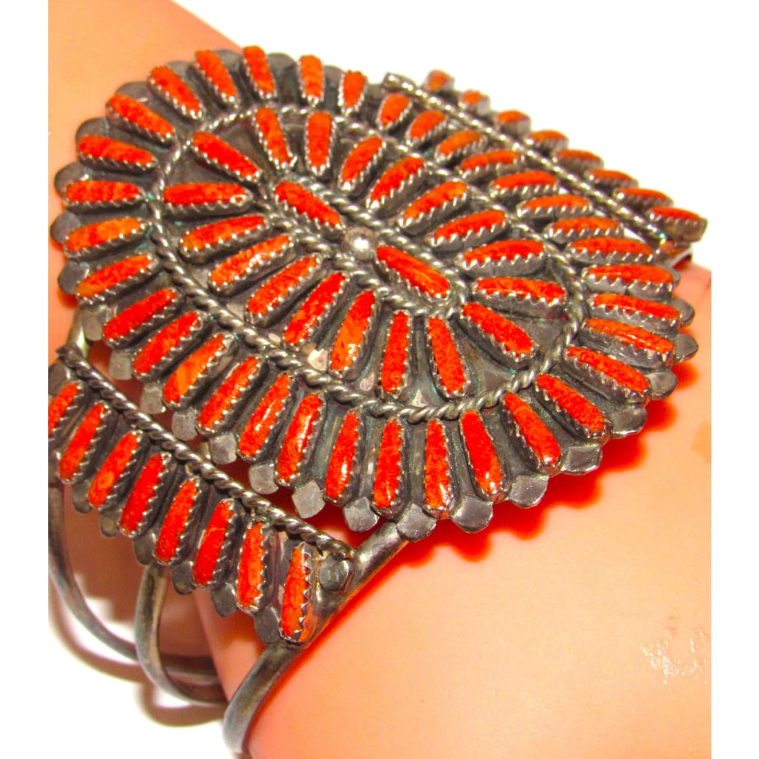 Old Pawn Navajo Coral Cluster Cuff Bracelet Sterling Silver Lavell Byjoe