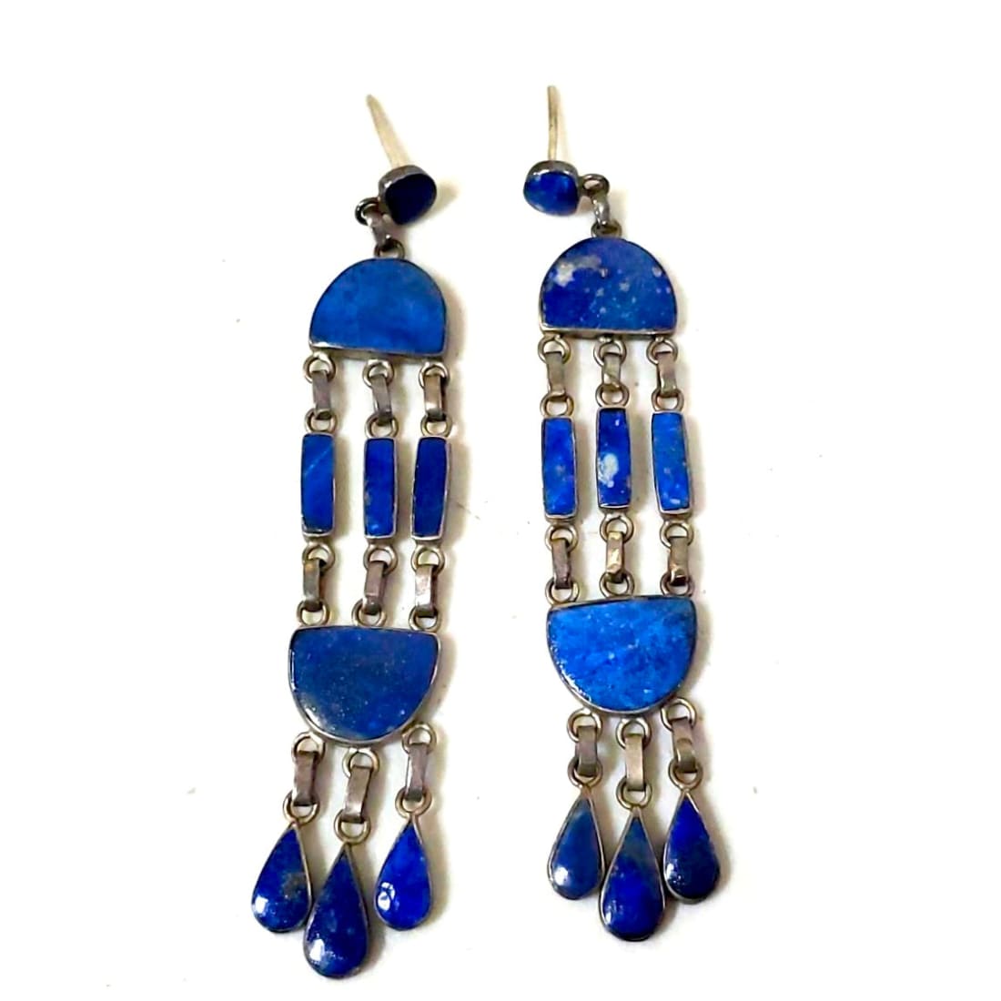 Vintage Taxco Mexico 980 Sterling Silver Lapis Lazuli Chandelier Earrings 3.25"