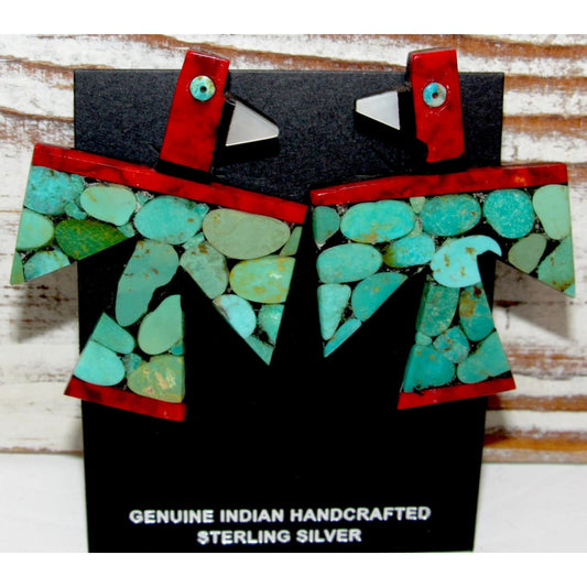 Kewa Santo Domingo Thunderbird Earrings Turquoise Coral D. Crespin