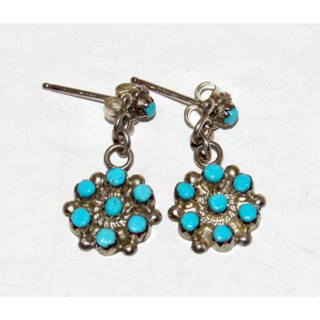 Zuni Snake Eye Turquoise Dangle Earrings Sterling Silver Native American Signed