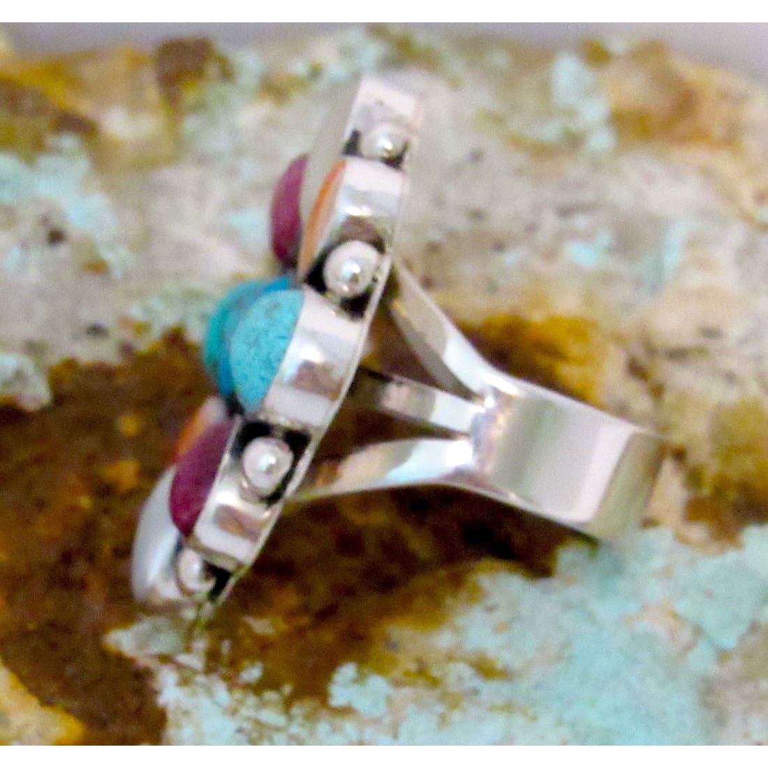 Navajo Turquoise Spiny MOP Cluster Ring Sz 7.5 Sterling Silver A. Bahe