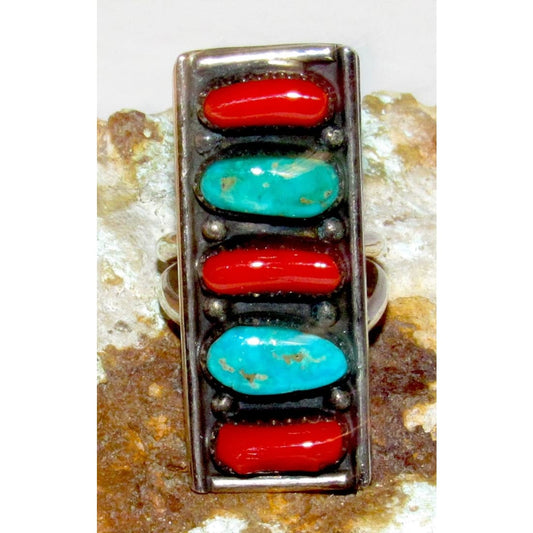 Navajo Coral Turquoise Cluster Statement Ring Sz 7 Sterling Silver Signed