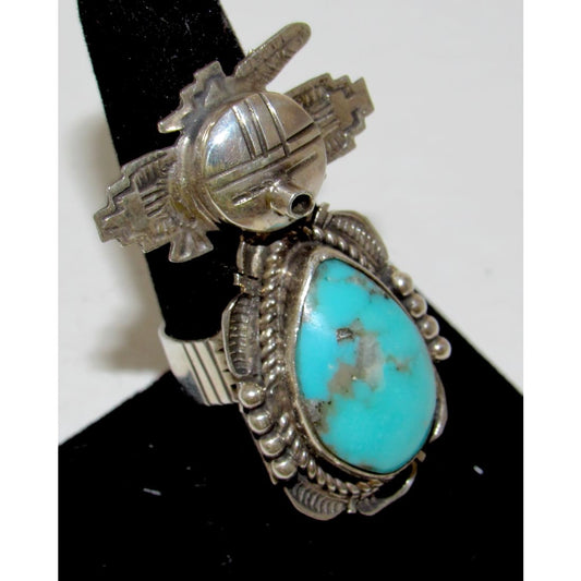 Navajo Kachina Ring Sz 8 Kingman Turquoise Sterling Bennie Ration Signed