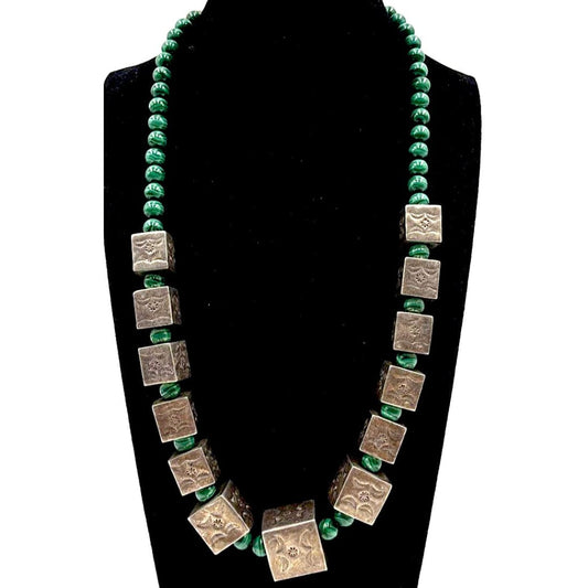 Signed Vintage Larry Curley Navajo Heavy 95g Sterling Box Bead & Malachite Necklace