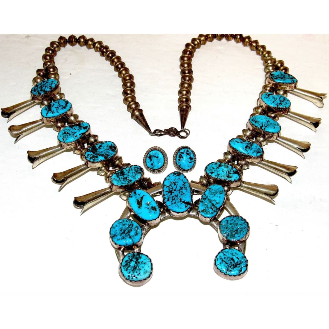 Vintage Navajo Squash Blossom Necklace Earrings Set Kingman Turquoise Sterling Silver