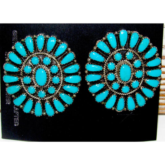 Vintage Navajo Large Turquoise Cluster Post Earrings Sterling Silver Z. Begay