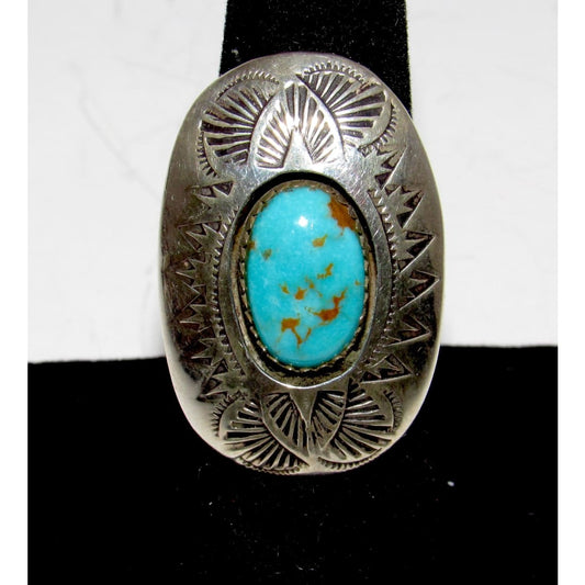 Vintage Navajo Turquoise Ring Size 7 Sterling Silver Shadowbox Design
