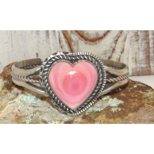 Navajo Pink Conch Heart Bracelet Sterling Silver Cuff Walter Vandiver