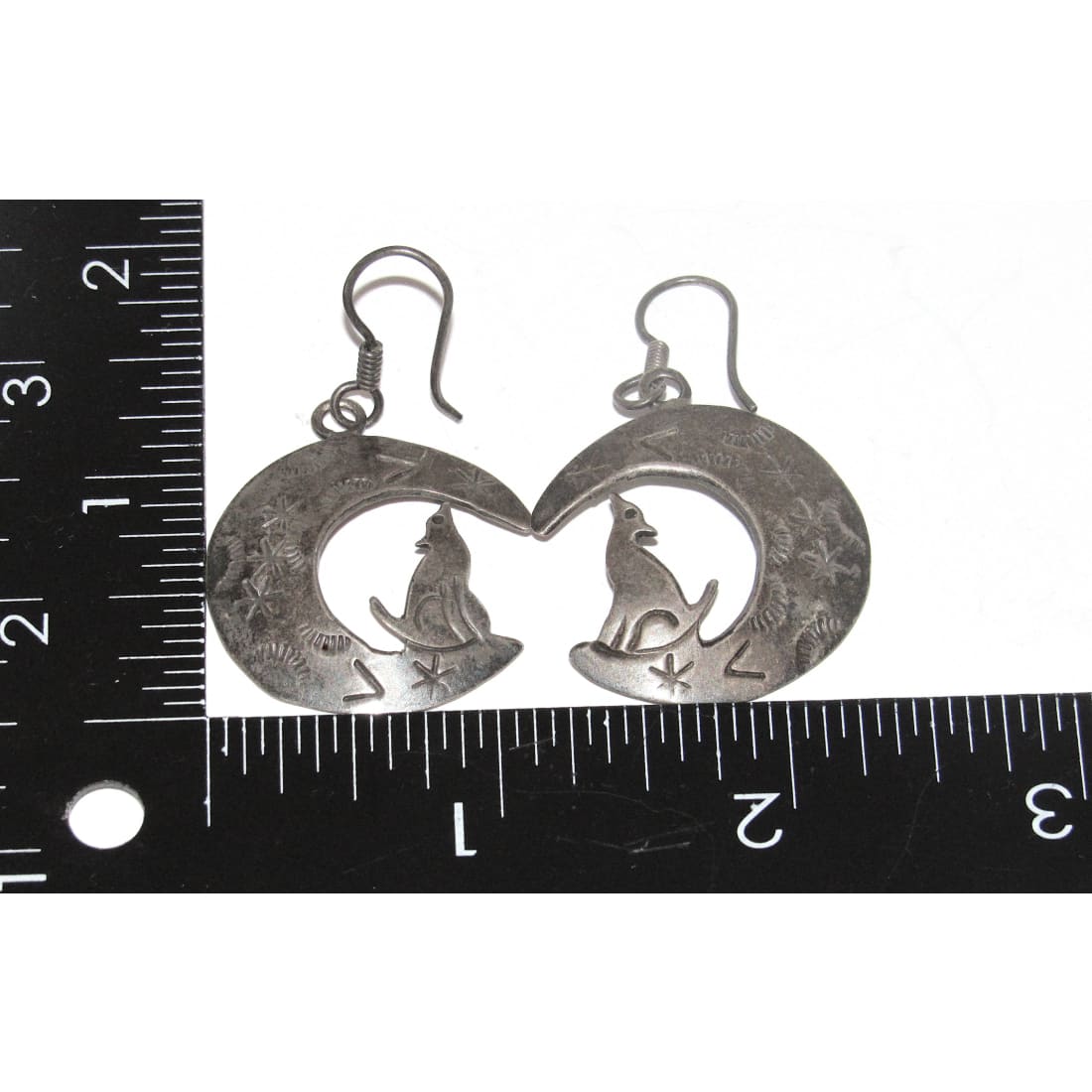 Vintage Taxco Mexican Silver Coyote & Moon Statement Dangle Earrings