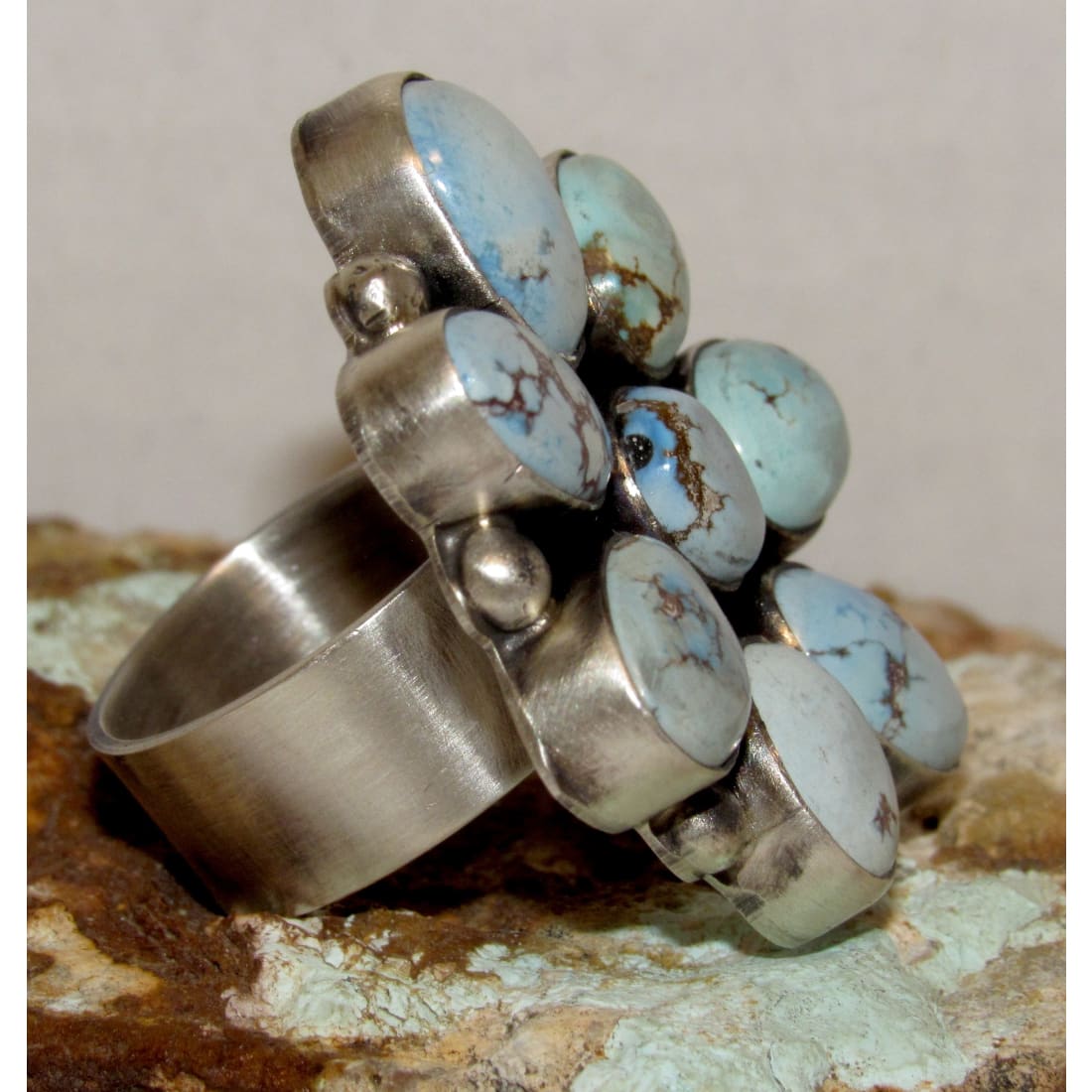 Massive Navajo Golden Hills Turquoise Cluster Ring Sz 8 Adjustable A. Martinez