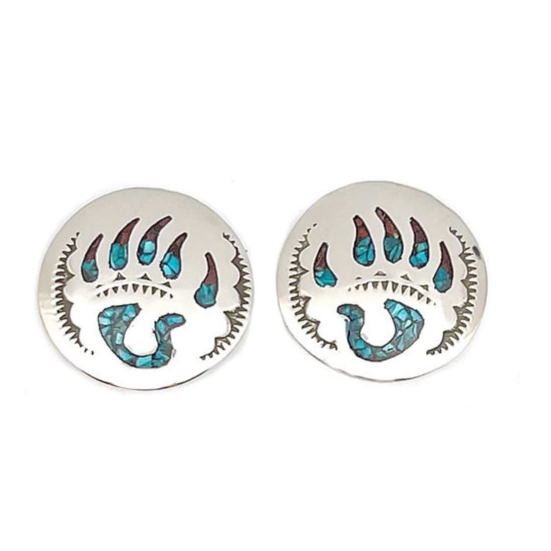 Navajo Earrings Bear Paw Design Turquoise Coral Inlay Joleen Yazzie