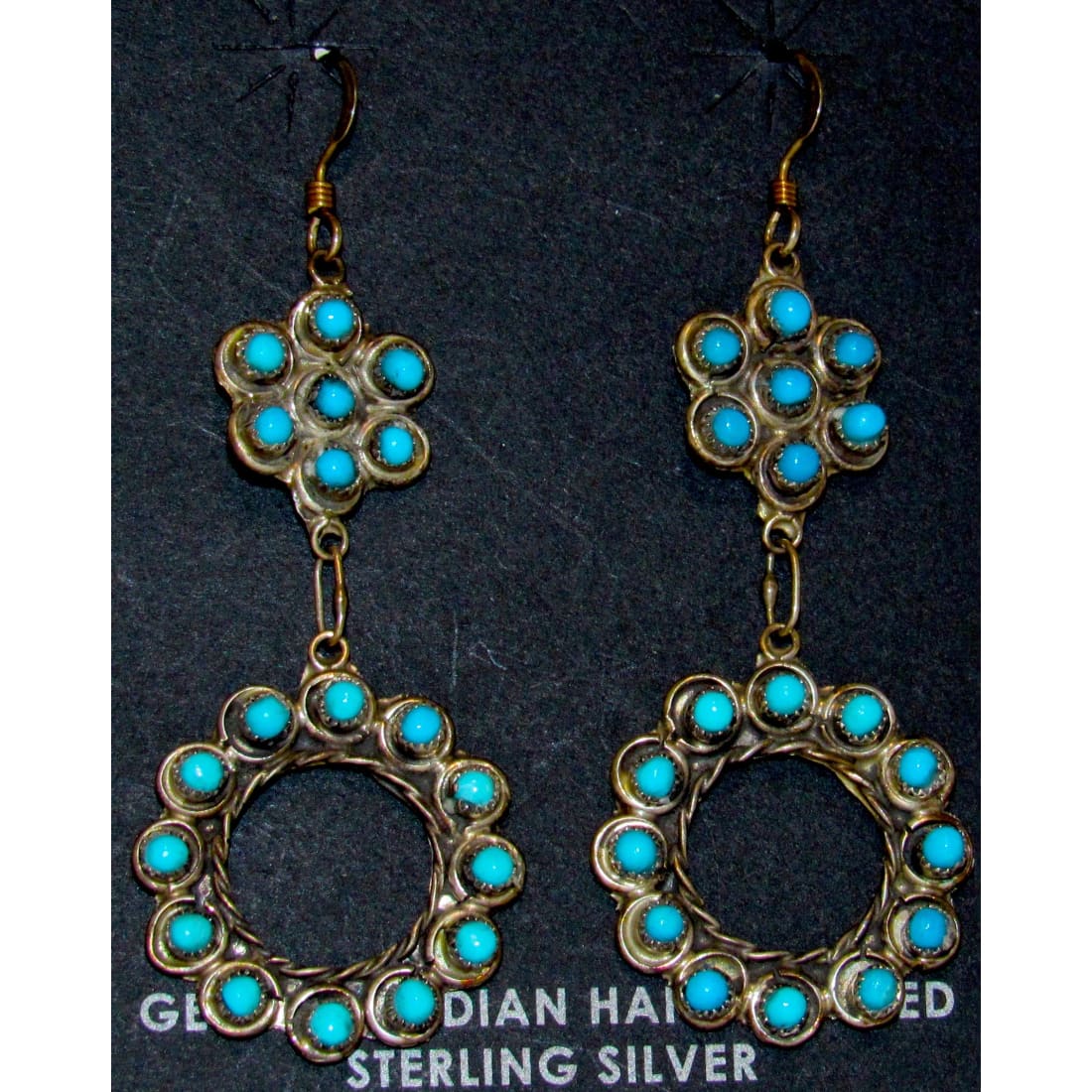 Vintage Zuni Snake Eye Turquoise Dangle Earrings Sterling Silver Native