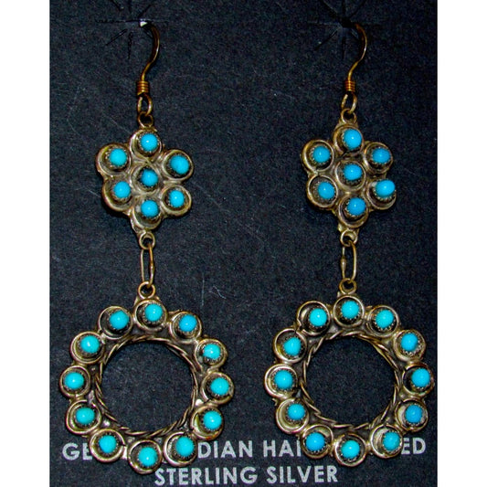 Vintage Zuni Snake Eye Turquoise Dangle Earrings Sterling Silver Native