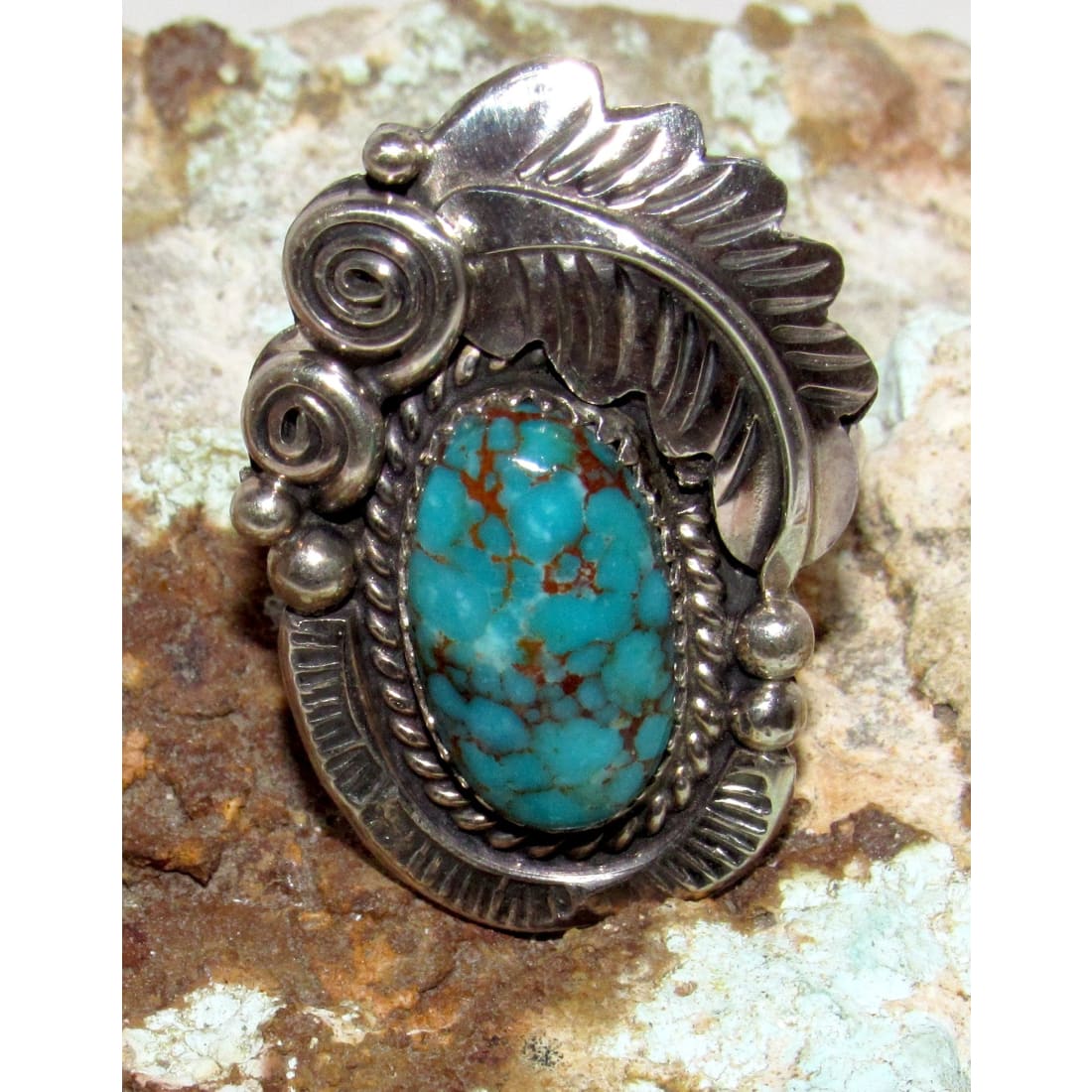 Navajo Number 8 Blossom Turquoise Ring Size 8.5 Sterling Silver Signed