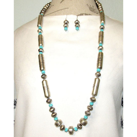 Massive Navajo Pearls Necklace & Earrings Set Sterling Silver Barrel & Saucer Beads