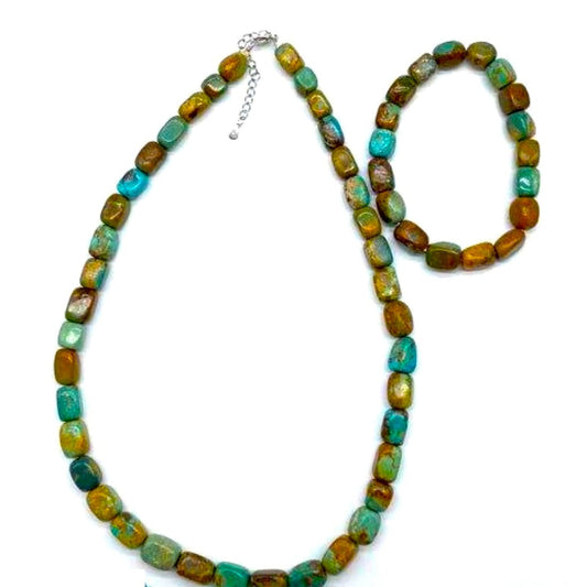 Vintage Southwestern Turquoise Jewelry Set featuring a necklace and bracelet made of sterling silver.