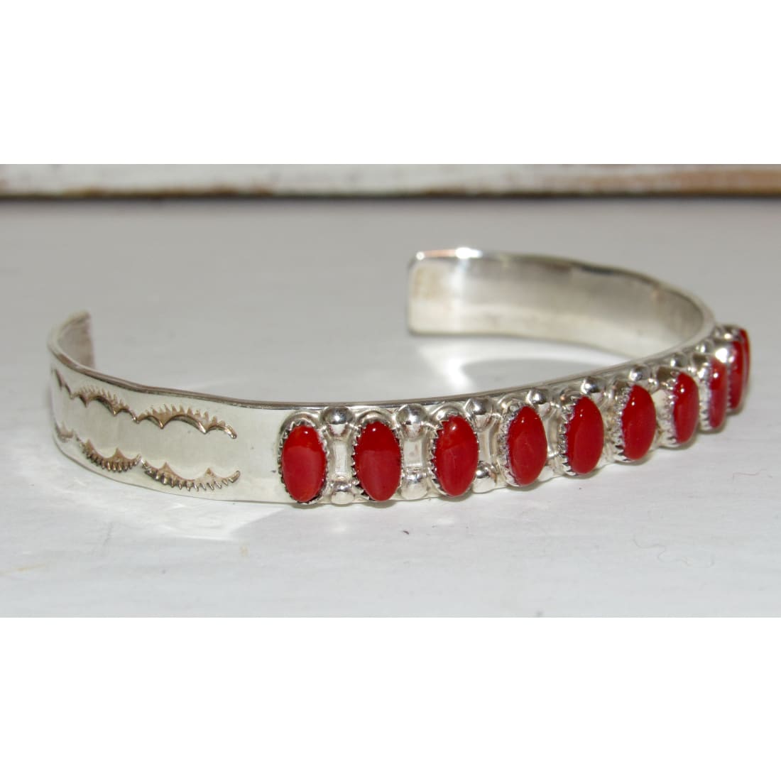 Zuni Coral Cuff Bracelet Sterling Silver Stacker Native American Coonsis