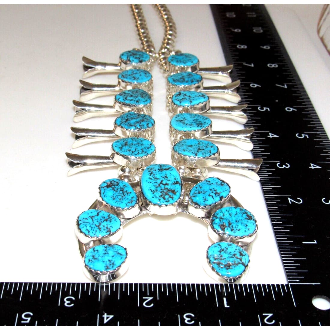 Navajo Squash Blossom Necklace Kingman Turquoise Necklace Sterling Silver