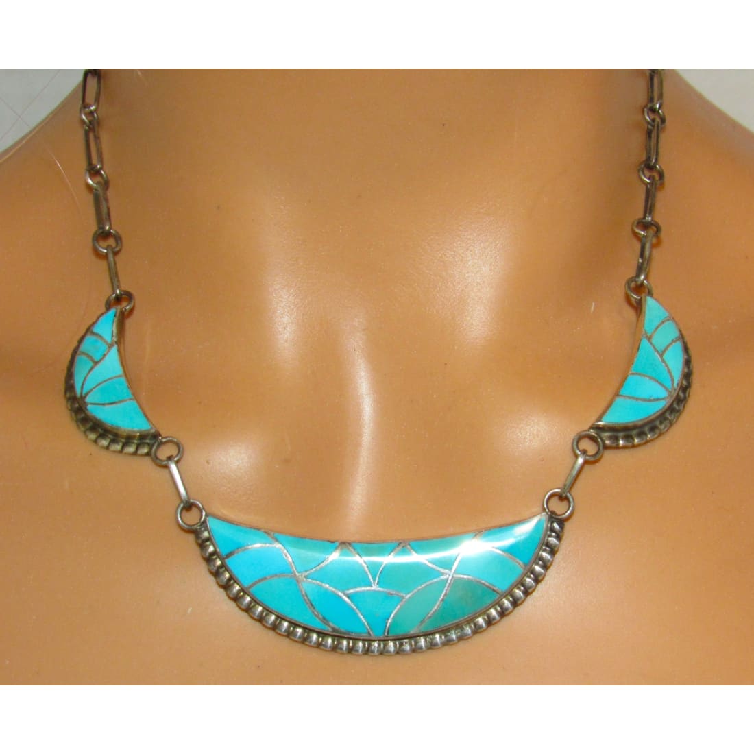 Old Pawn Zuni Turquoise Inlay Necklace Sterling Silver Orlinda Natewa