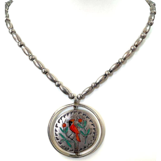Old Pawn Zuni Inlay Cardinal Hummingbird Necklace Turquoise Coral Inlay Vintage