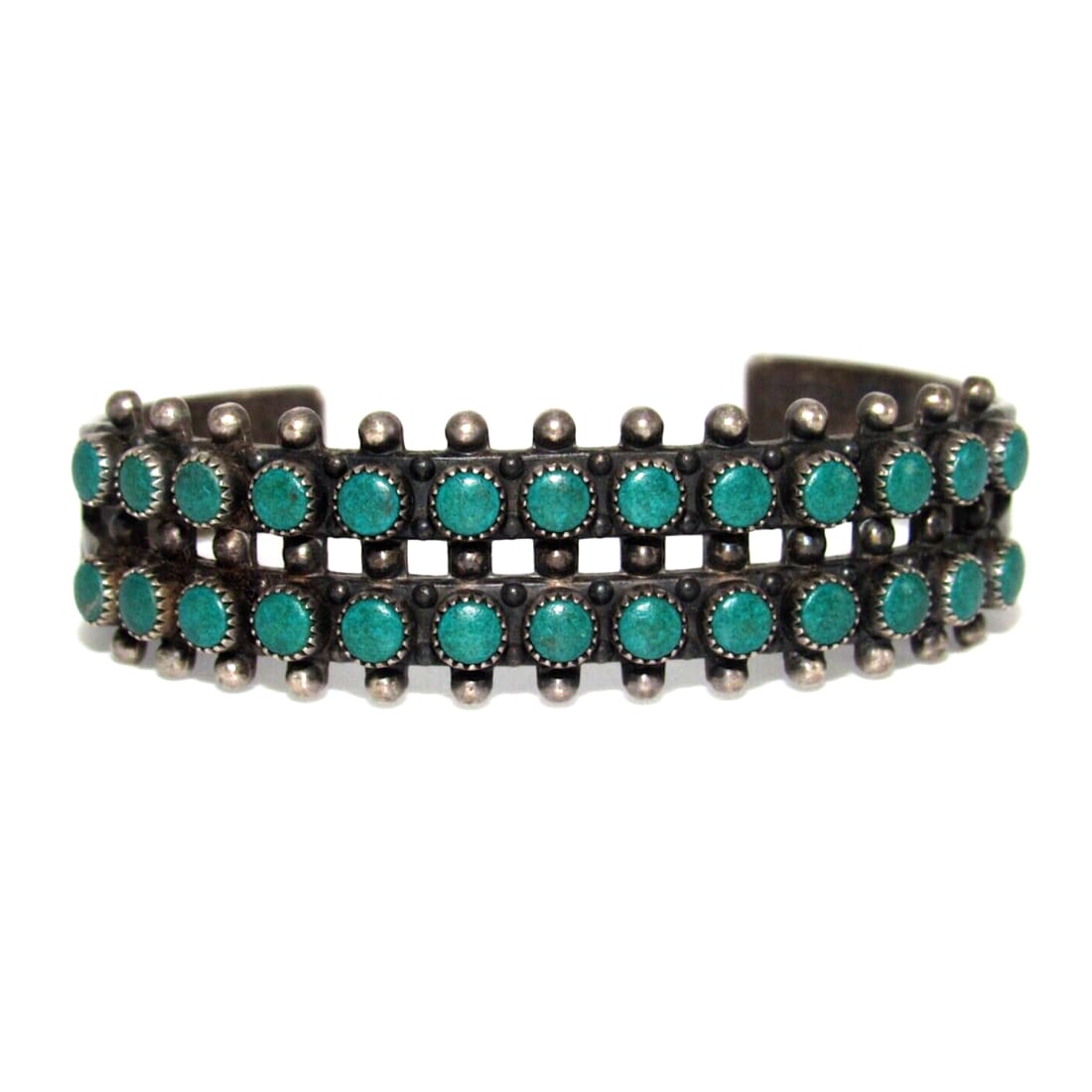 Old Pawn Zuni Snake Eye Turquoise Double Row Cuff Bracelet Sterling Silver