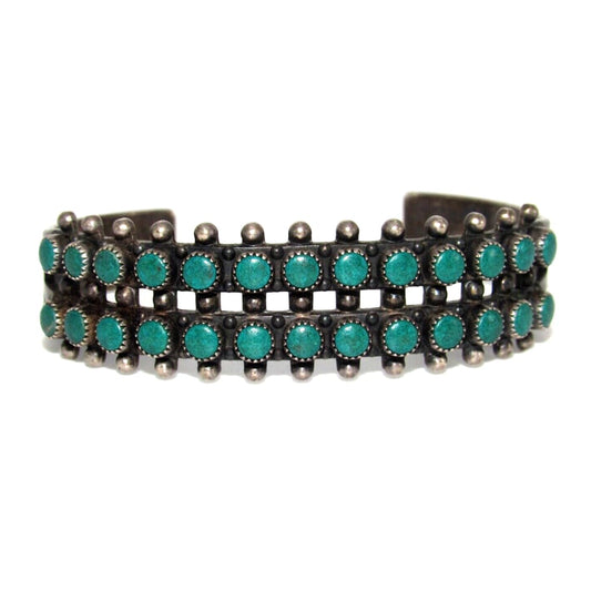Old Pawn Zuni Snake Eye Turquoise Double Row Cuff Bracelet Sterling Silver