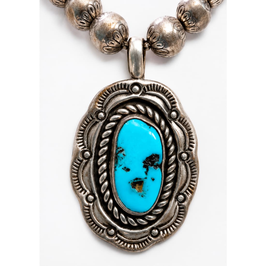 Vintage Navajo Morenci Turquoise Pendant Sterling Navajo Pearls Necklace M Monte