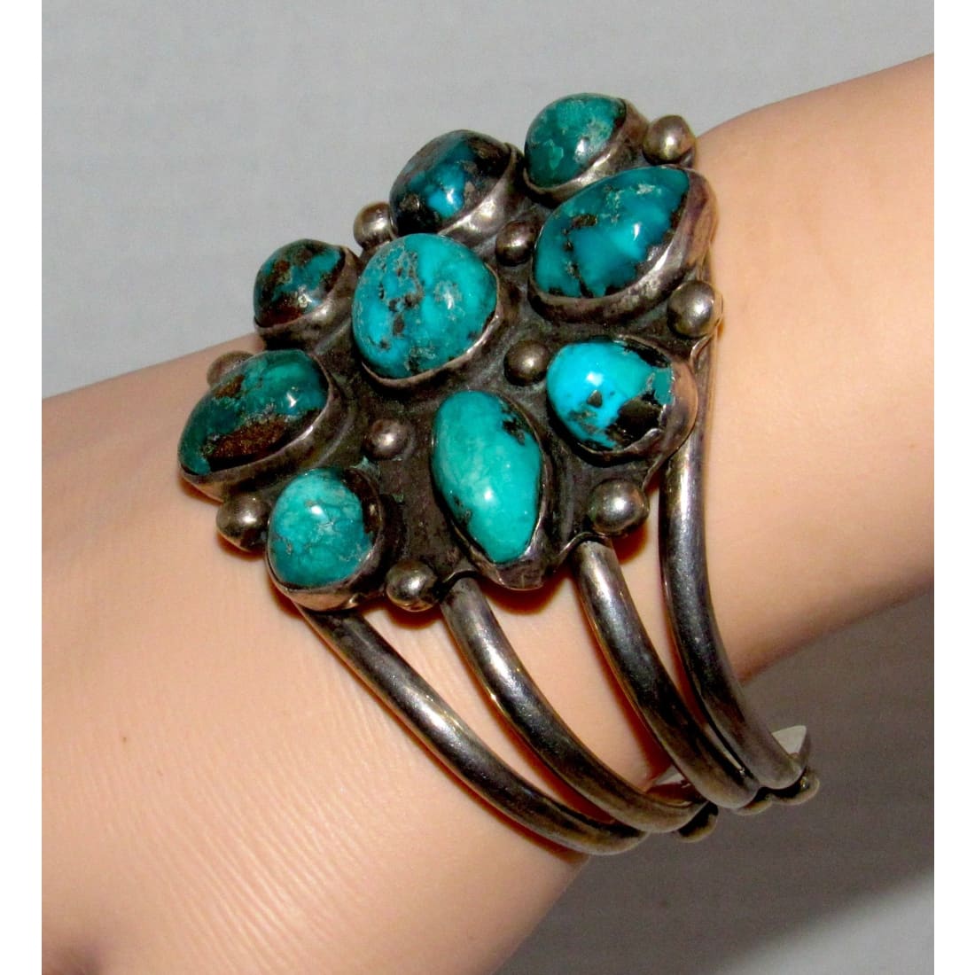 Vintage Massive Navajo Morenci Turquoise Cluster Cuff Bracelet Silver Native Signed