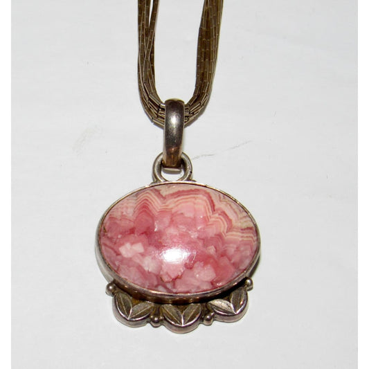 Vintage Southwestern Liquid Silver Necklace with Pink Rhodochrosite Pendant