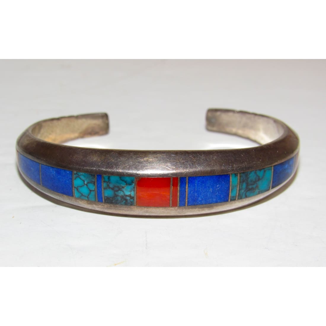Navajo Sterling Silver Carinated Bracelet Coral Lapis & Turquoise by Ray Tracey