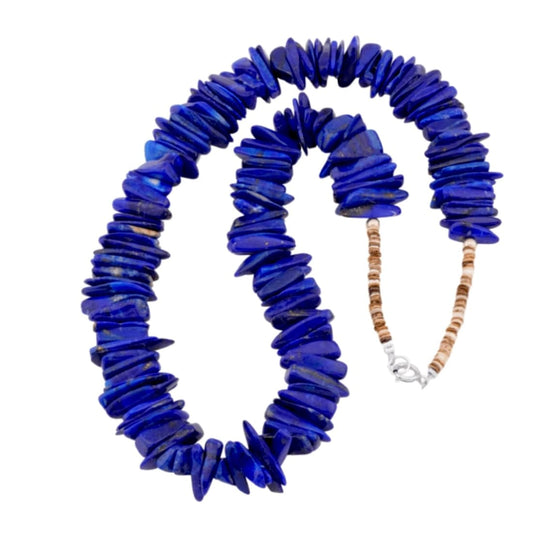 Navajo lapis heishi beaded necklace featuring polished lapis nuggets and sterling silver closure.