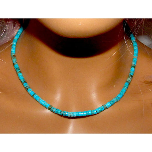 Navajo turquoise heishi choker necklace featuring small rolled turquoise beads, 16 inches long, elegant Native American jewelry.