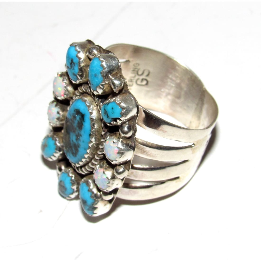 Navajo Turquoise Opal Cluster Ring Sz 10 Sterling Silver Signed Native American
