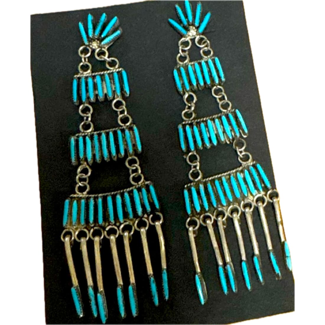 Zuni Needlepoint Turquoise Dangle Statement Earrings Sterling Silver 3"