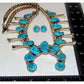 Vintage Navajo Squash Blossom Necklace Earrings Set Kingman Turquoise Sterling Silver