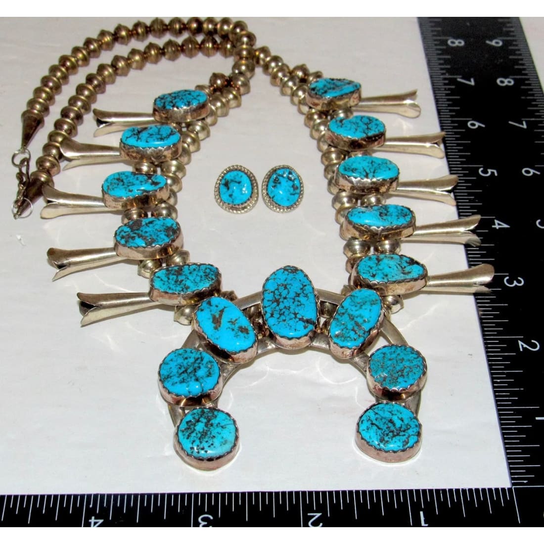 Vintage Navajo Squash Blossom Necklace Earrings Set Kingman Turquoise Sterling Silver