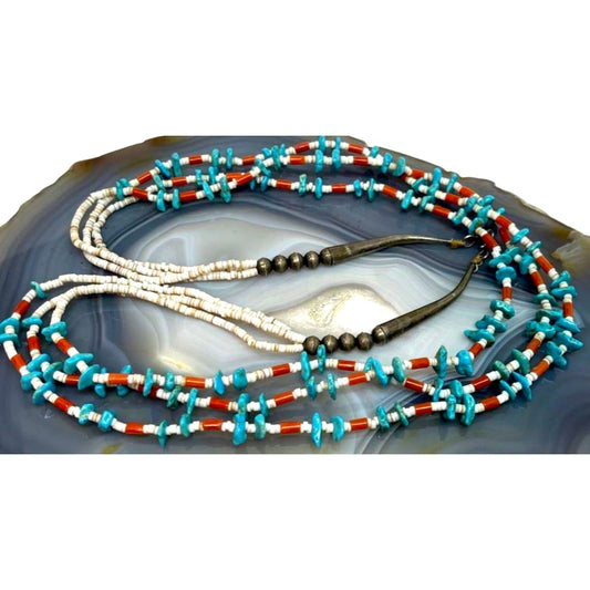 Vintage Santo Domingo Multi Strand Turquoise Coral Shell Heishi Necklace