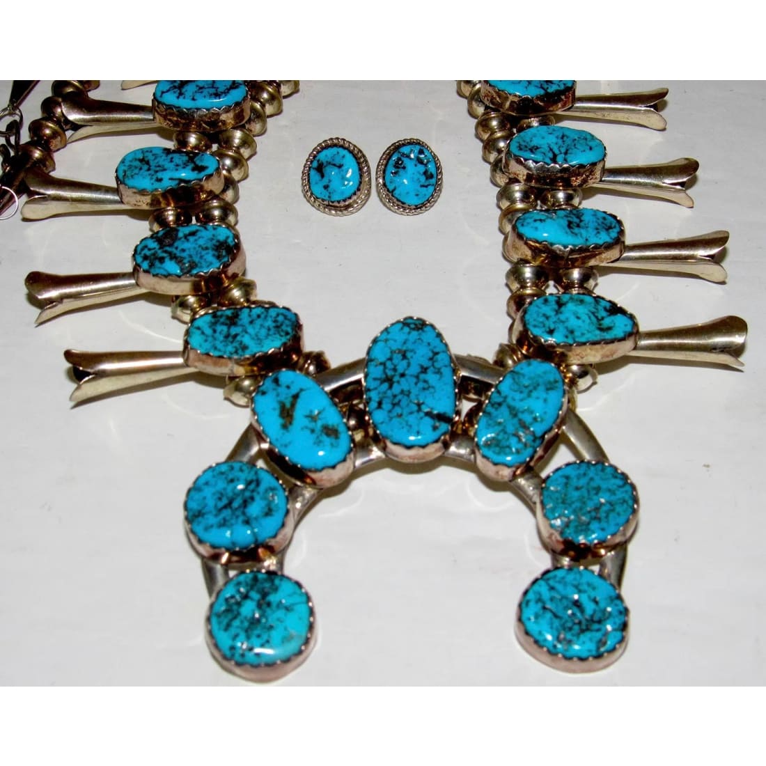 Vintage Navajo Squash Blossom Necklace Earrings Set Kingman Turquoise Sterling Silver