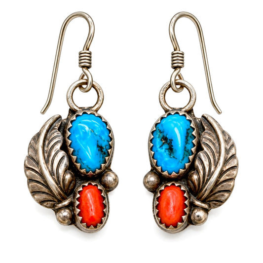 Vintage Navajo Turquoise Coral Blossom Earrings Sterling Silver Roy Buck Signed