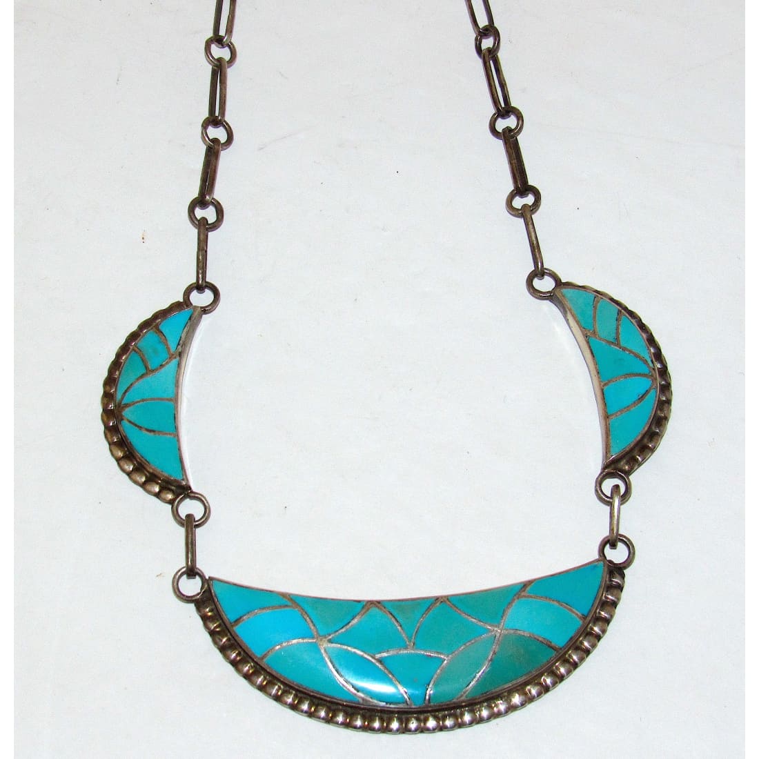 Old Pawn Zuni Turquoise Inlay Necklace Sterling Silver Orlinda Natewa