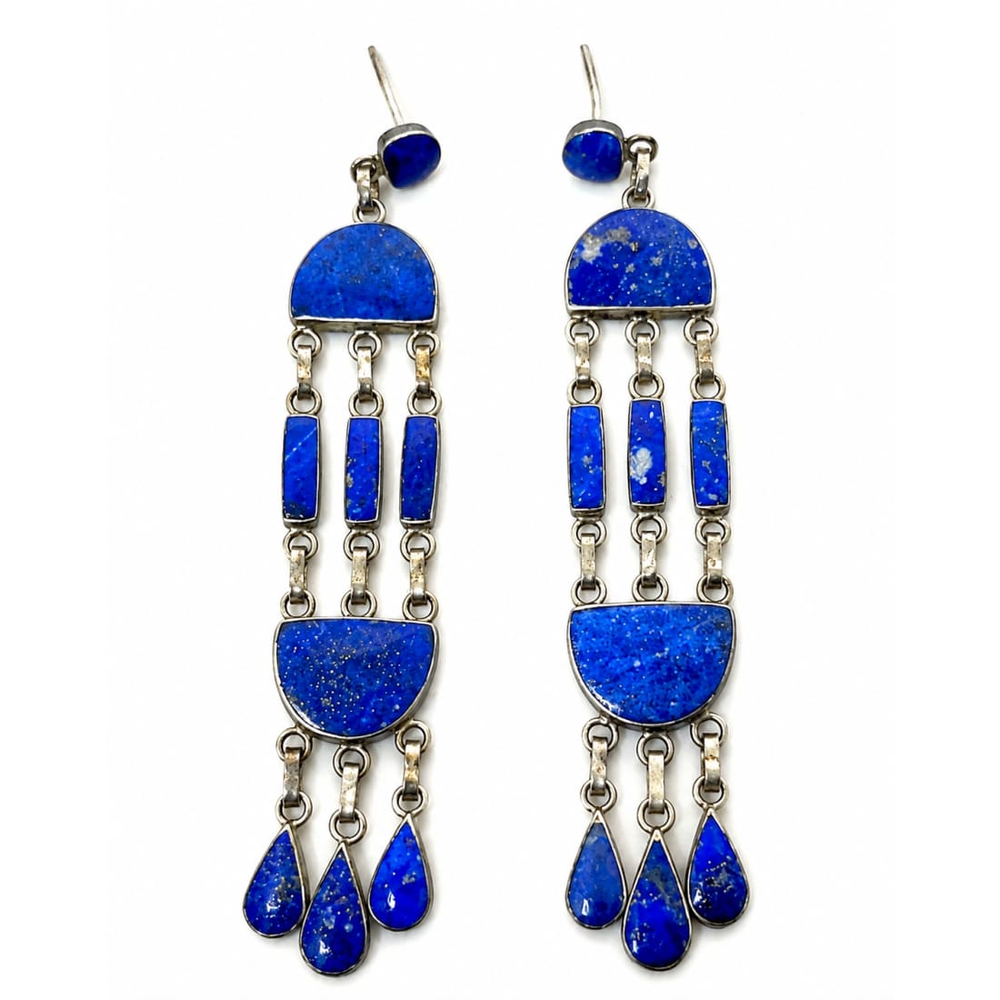 Vintage Taxco Mexico 980 Sterling Silver Lapis Lazuli Chandelier Earrings 3.25"