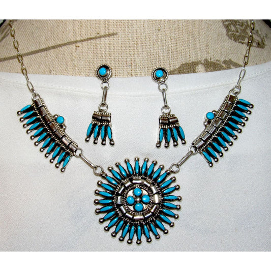 Zuni Turquoise Cluster Necklace and Earrings Set Sterling Silver