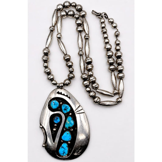 Old Pawn Navajo Kingman Turquoise Pendant Necklace Sterling Navajo Pearls Necklace