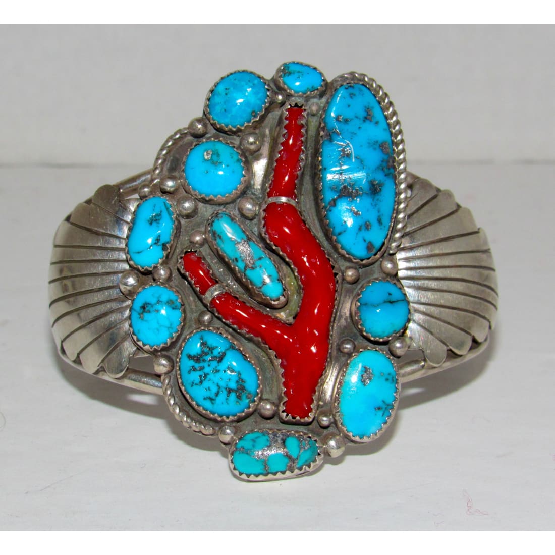 Spectacular Early Navajo Turquoise Coral Sterling Silver Cuff Bracelet