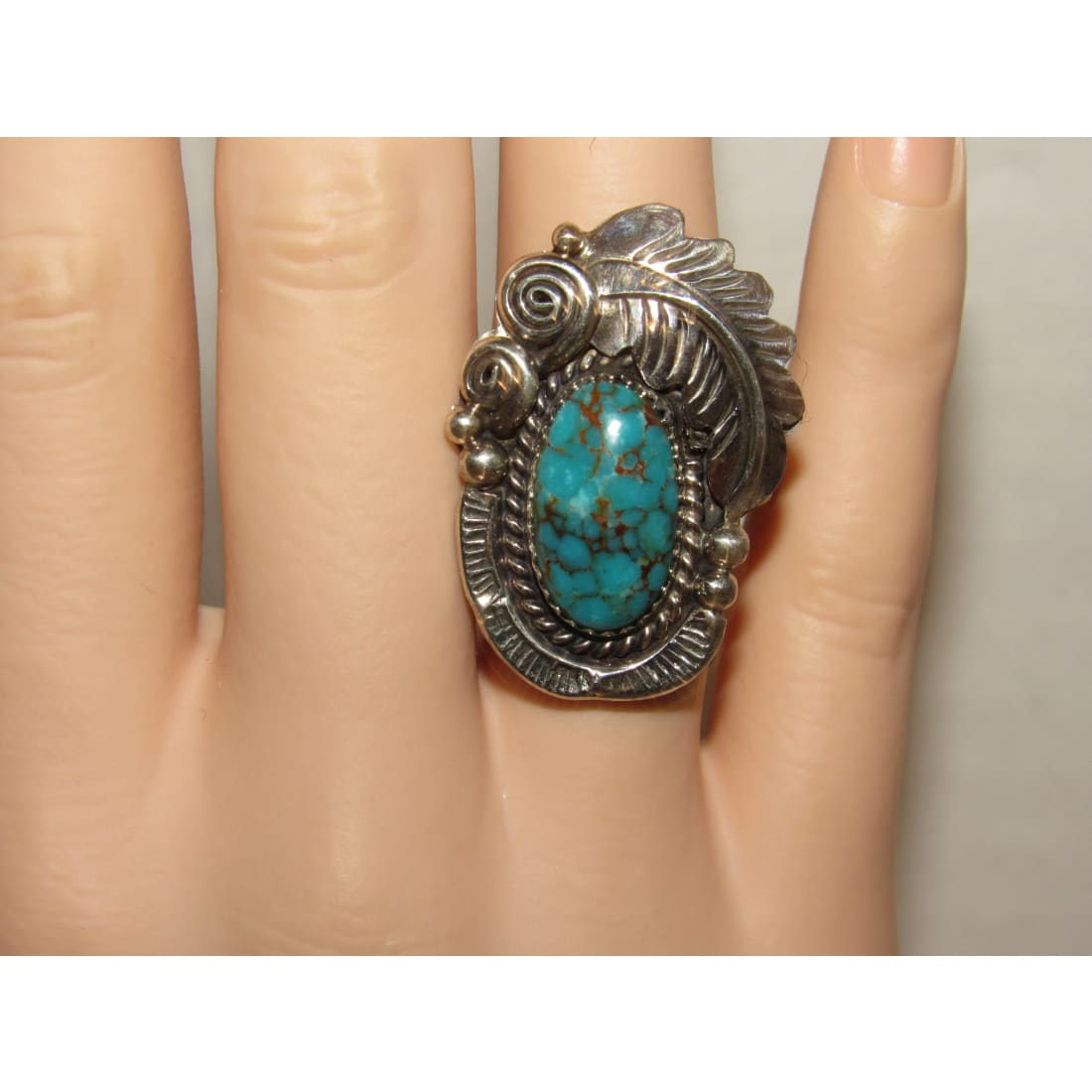 Navajo Number 8 Blossom Turquoise Ring Size 8.5 Sterling Silver Signed