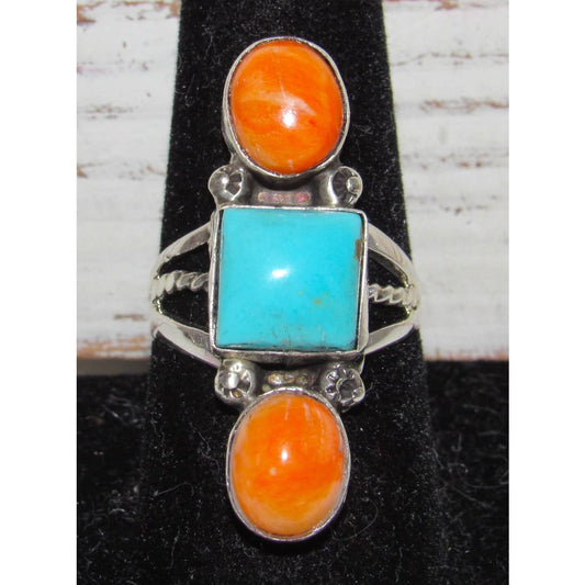 Navajo Orange Spiny Turquoise Statement Ring Sz 9 Yazzie