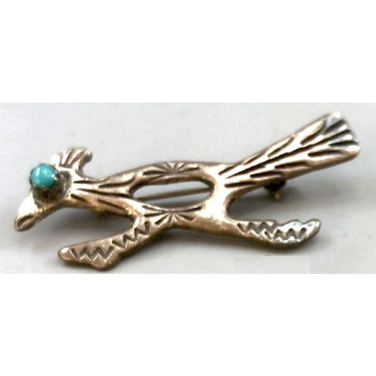 Old Pawn Navajo Roadrunner Turquoise Sterling Silver Brooch Pin