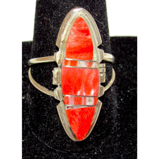 Navajo Red Orange Spiny Inlay Ring Sz 11 Sterling Silver E. Yazzie